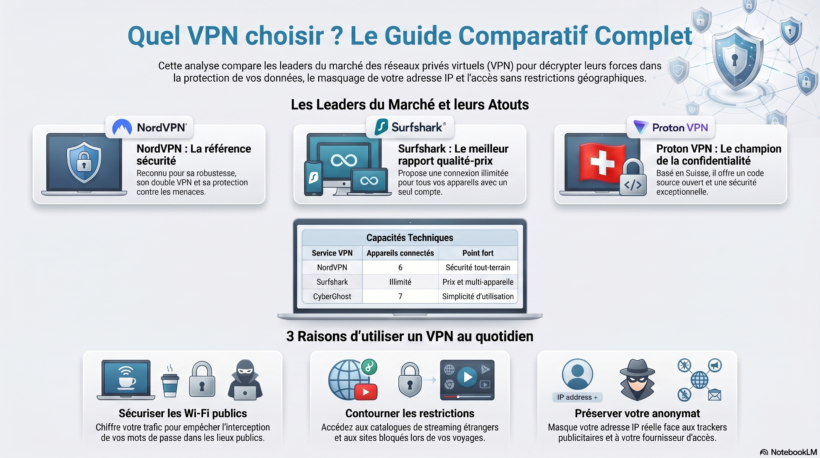 Infographie comparant les 5 meilleurs VPN en France : NordVPN, Surfshark, CyberGhost, Proton VPN et ExpressVPN
