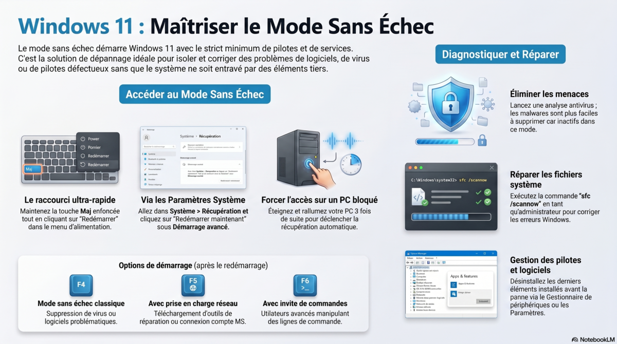 Infographie détaillée expliquant les méthodes d'accès au mode sans échec de Windows 11 via les paramètres, le raccourci Maj+Redémarrer et l'outil msconfig
