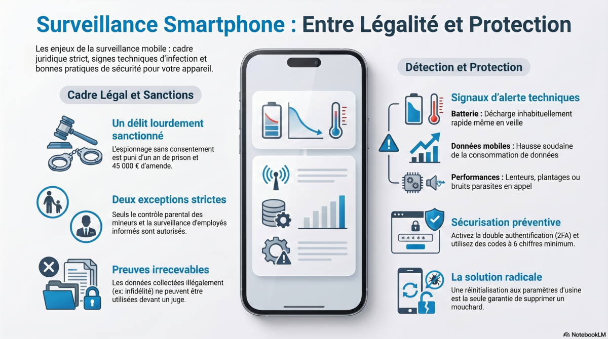 Infographie sur la légalité des logiciels espions et les méthodes de protection pour smartphone en France