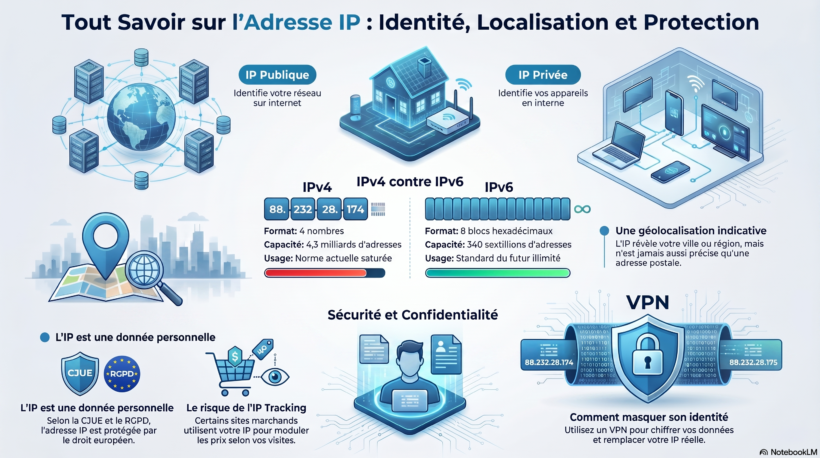 Infographie complète sur le fonctionnement de l'adresse IP : schémas explicatifs sur les formats IPv4 et IPv6, la distinction entre IP publique et privée, la géolocalisation et les méthodes pour masquer son IP via VPN, proxy ou Tor.