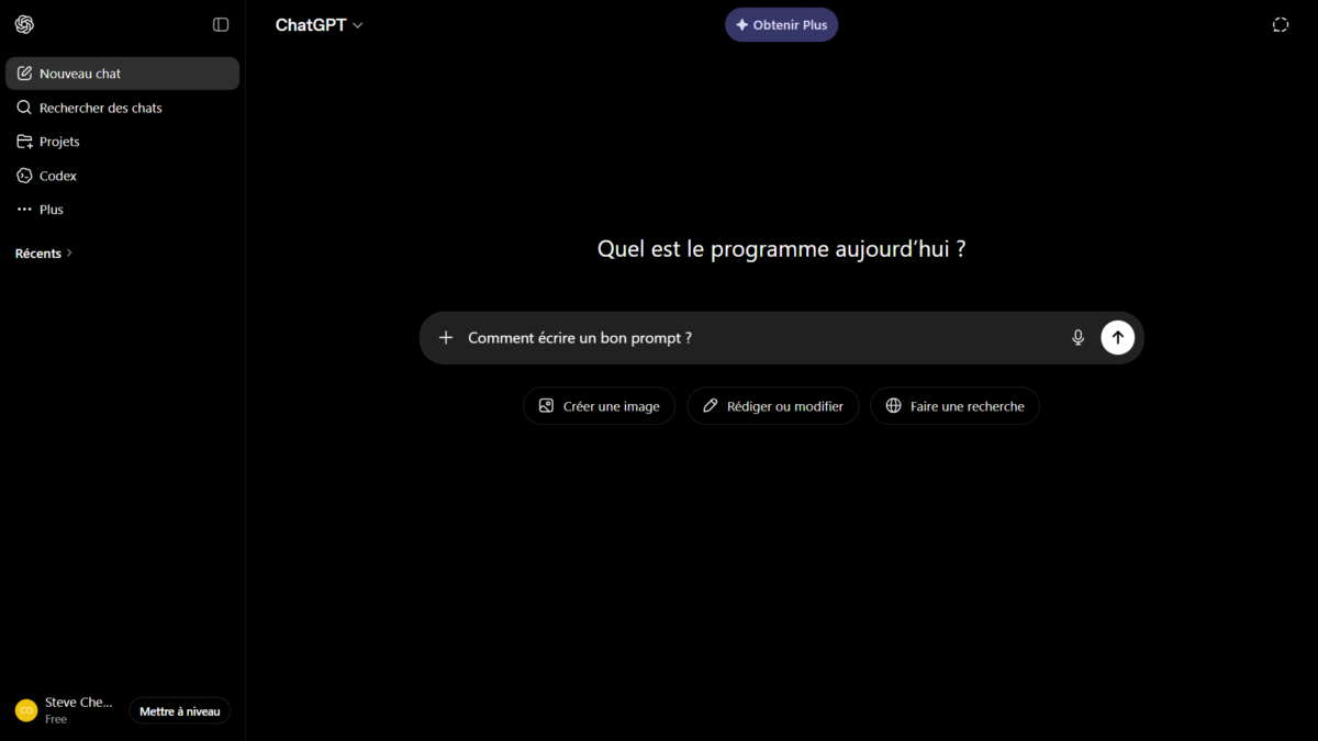 Capture d'écran de ChatGPT pour les débutants, interface de saisie d'un prompt en français