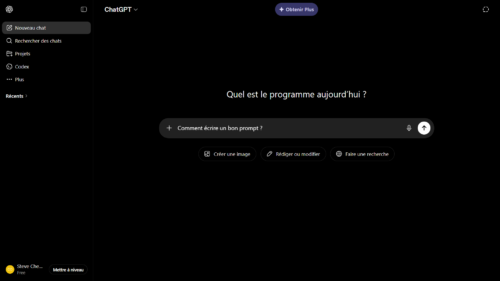 Capture d'écran de ChatGPT pour les débutants, interface de saisie d'un prompt en français