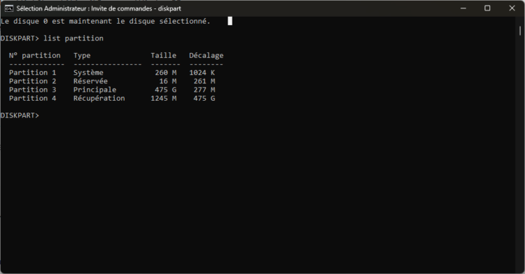 diskpart list partition sous Windows 11 : repérer la partition Recovery trop petite avant KB5089549
