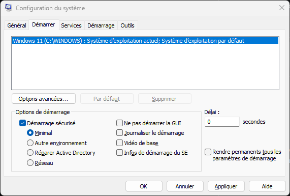 Onglet Démarrer de msconfig avec l'option Démarrage sécurisé cochée en mode Minimal sous Windows 11