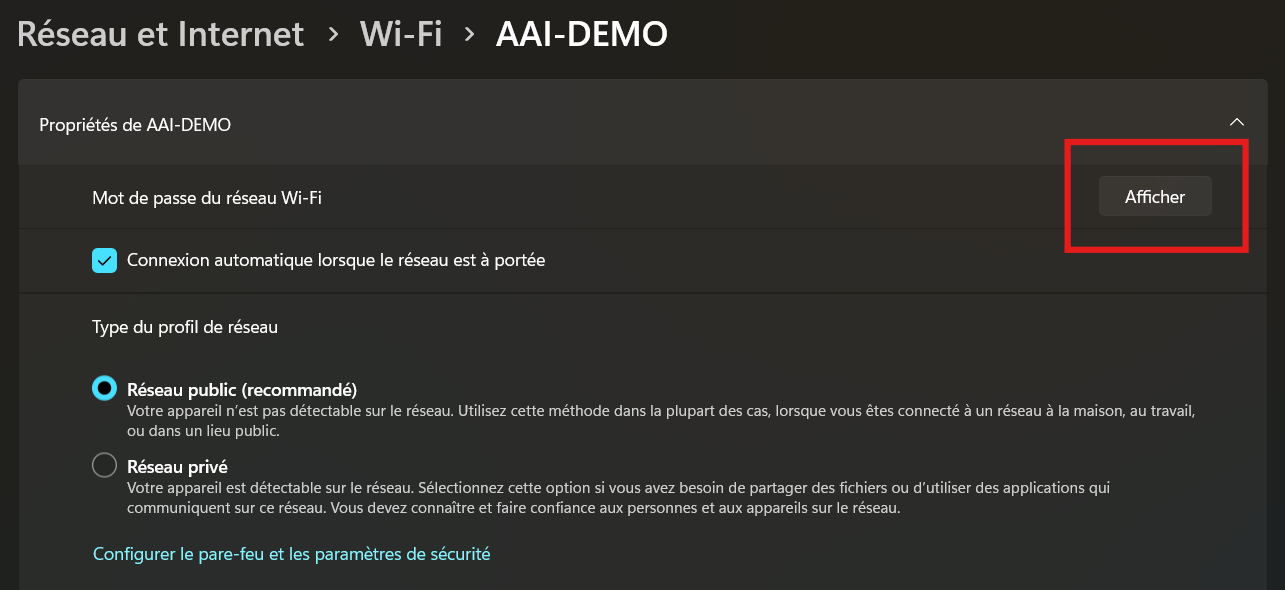 Paramètres de Windows 11 : bouton Afficher en face de Mot de passe du réseau Wi-Fi dans les propriétés du réseau