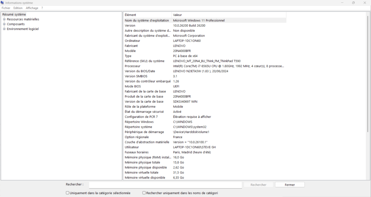 Fenêtre Informations système (msinfo32) affichant le résumé matériel d'un PC Windows