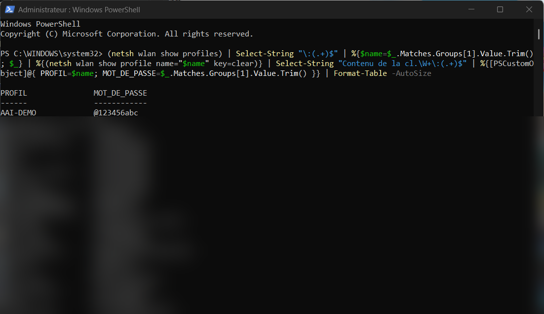 Script PowerShell affichant dans un tableau les profils Wi-Fi enregistrés et leur mot de passe