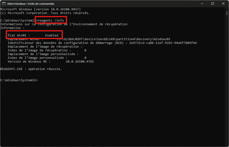 Sortie de reagentc /info sous Windows 11 : état Windows RE Enabled et emplacement de la partition WinRE