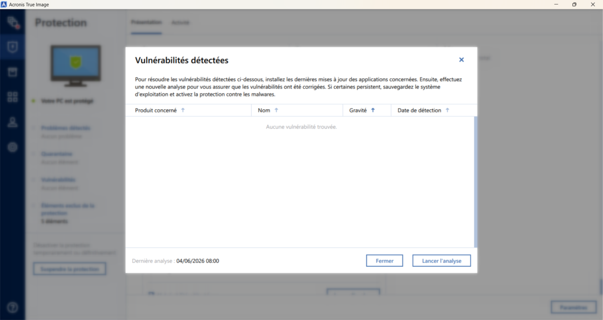 Interface Acronis True Image 2026 affichant la détection des vulnérabilités et correctifs de sécurité à installer
