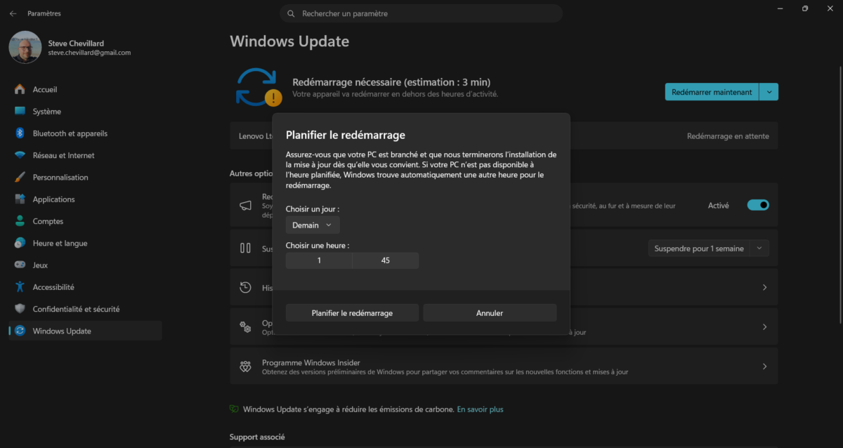 Choisir le jour et l'heure pour programmer le redémarrage de Windows 11