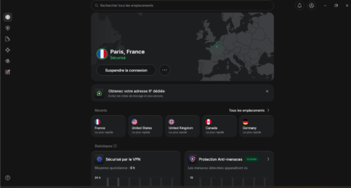 Interface principale de NordVPN sur Windows avec la carte des serveurs et les emplacements récents