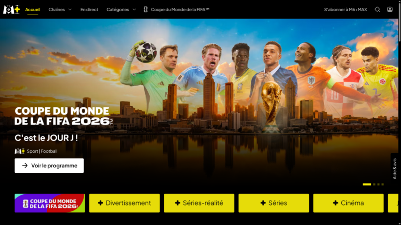 Page d'accueil de M6+ pour regarder la Coupe du Monde 2026 en streaming gratuit