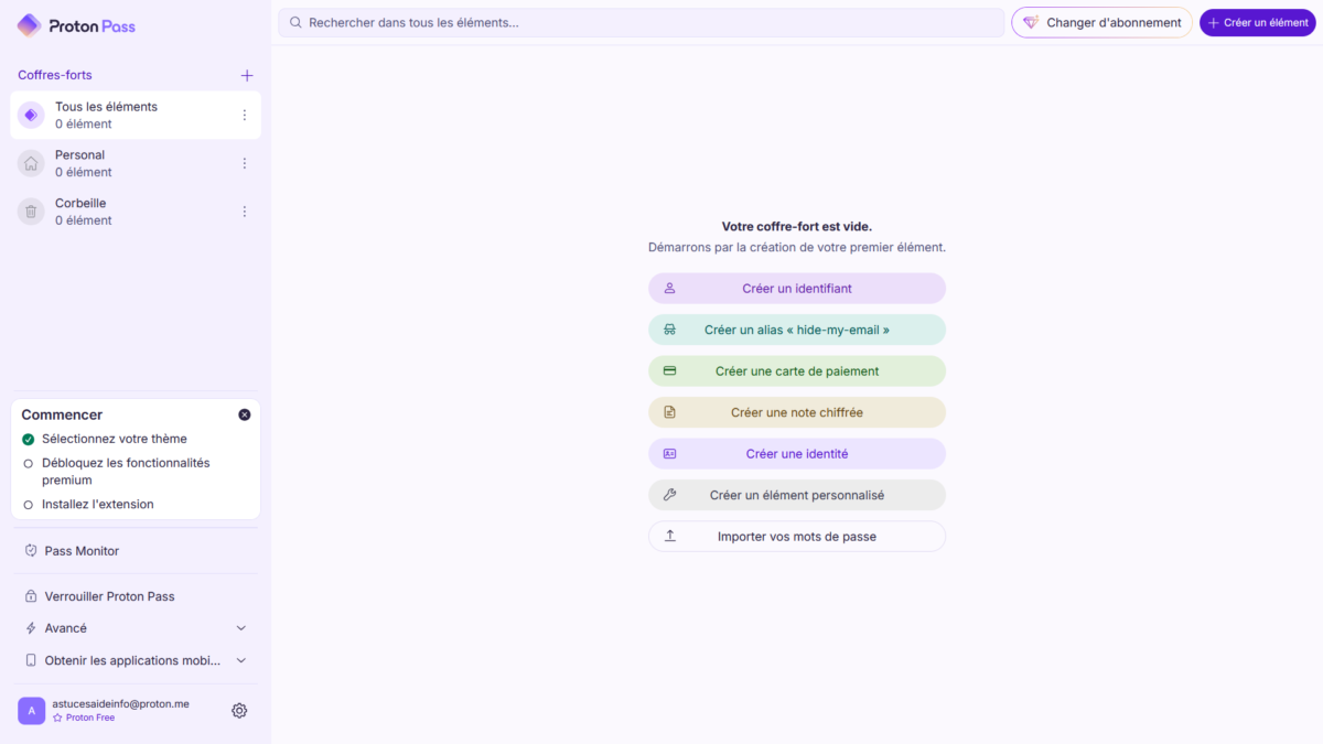 Page d'accueil de l'application Proton Pass, le gestionnaire de mots de passe suisse