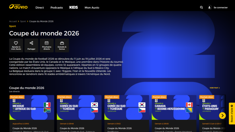 RTBF Auvio, plateforme belge qui diffuse les 104 matchs de la Coupe du Monde 2026 en streaming gratuit