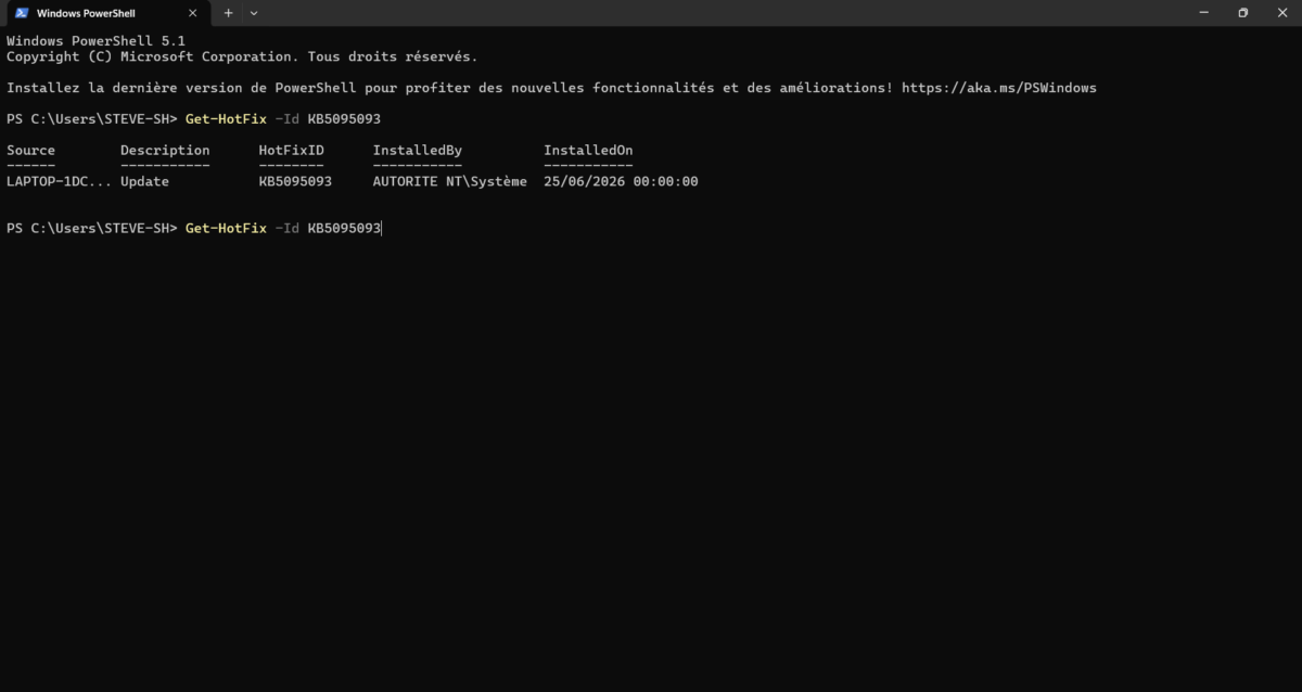 Vérifier l'installation d'une mise à jour Windows avec la commande Get-HotFix dans PowerShell