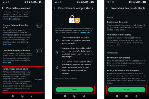 Écran d'activation des paramètres de compte stricts WhatsApp avec le bouton Activer