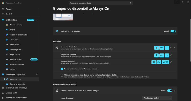 Always On Top de PowerToys pour garder une fenêtre au premier plan