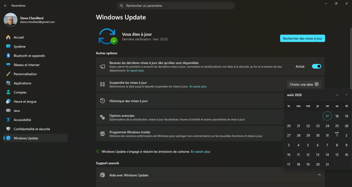 Calendrier de Windows Update pour choisir la date des mises à jour sur Windows 11