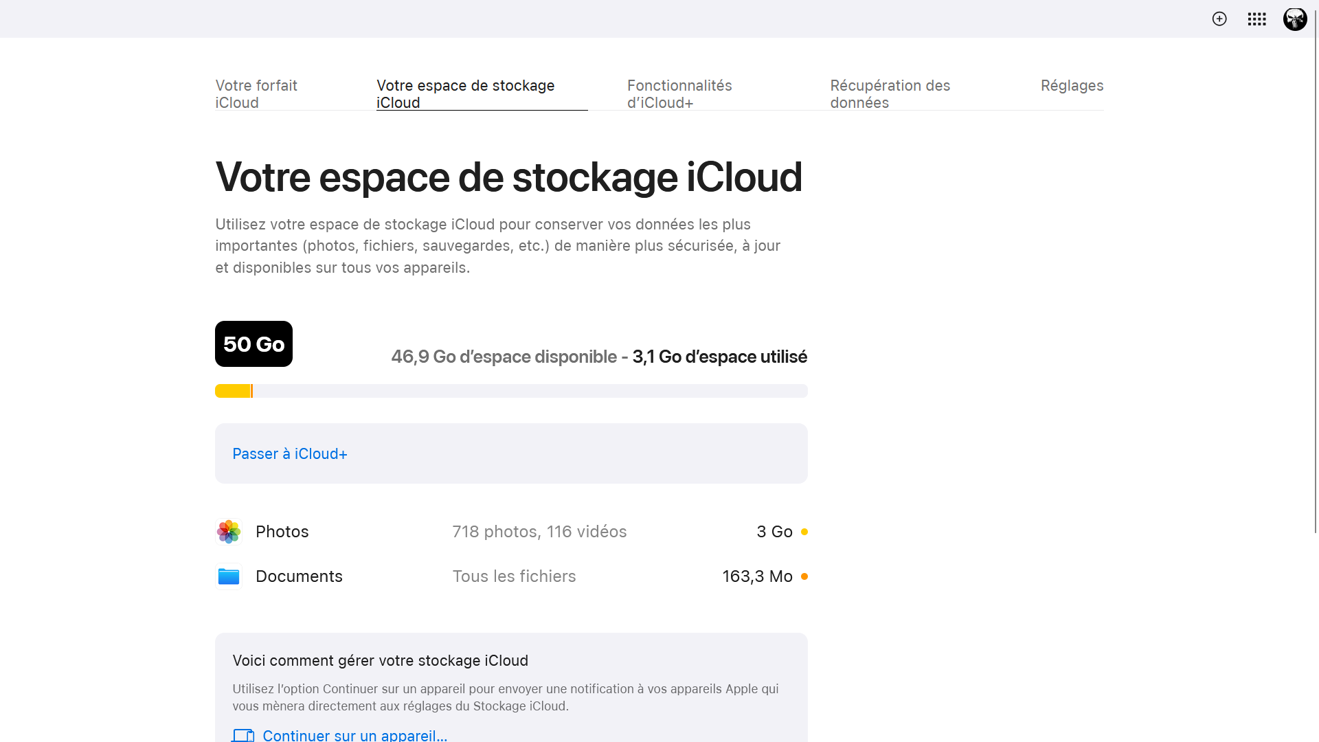 Jauge de stockage iCloud montrant 46,9 Go disponibles sur 50 Go et la répartition entre Photos et Documents