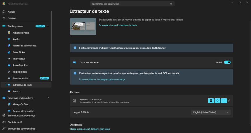 Extracteur de texte de PowerToys, reconnaissance de caractères OCR sur Windows