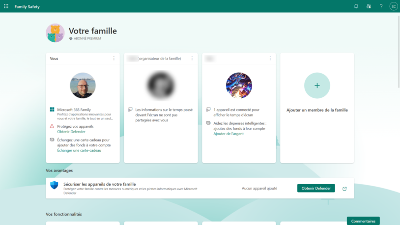 Le tableau de bord de Microsoft Family Safety