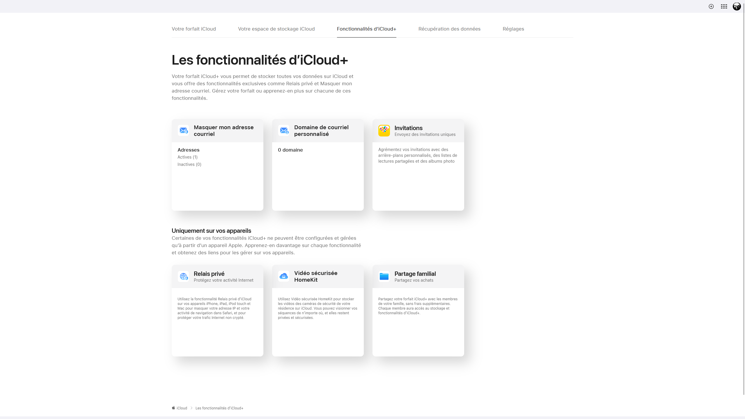 Onglet Fonctionnalités d iCloud+ avec Masquer mon adresse courriel, Domaine personnalisé, Relais privé et Vidéo sécurisée HomeKit