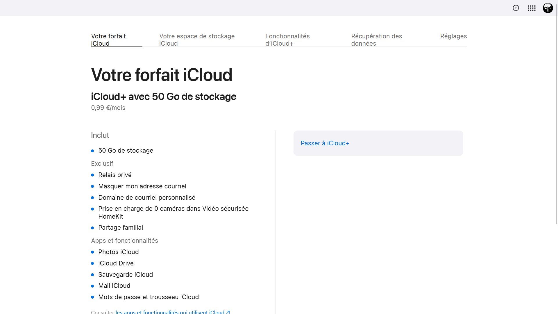 Onglet Votre forfait iCloud affichant l abonnement iCloud+ 50 Go à 0,99 euro par mois