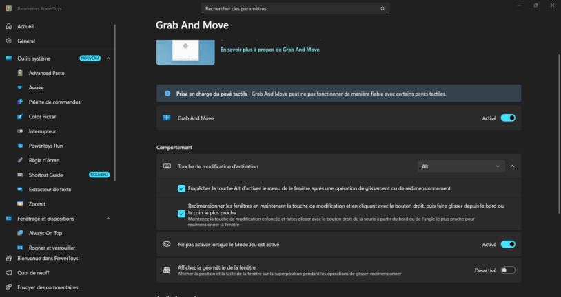 Grab and Move de PowerToys pour déplacer une fenêtre avec Alt et clic gauche