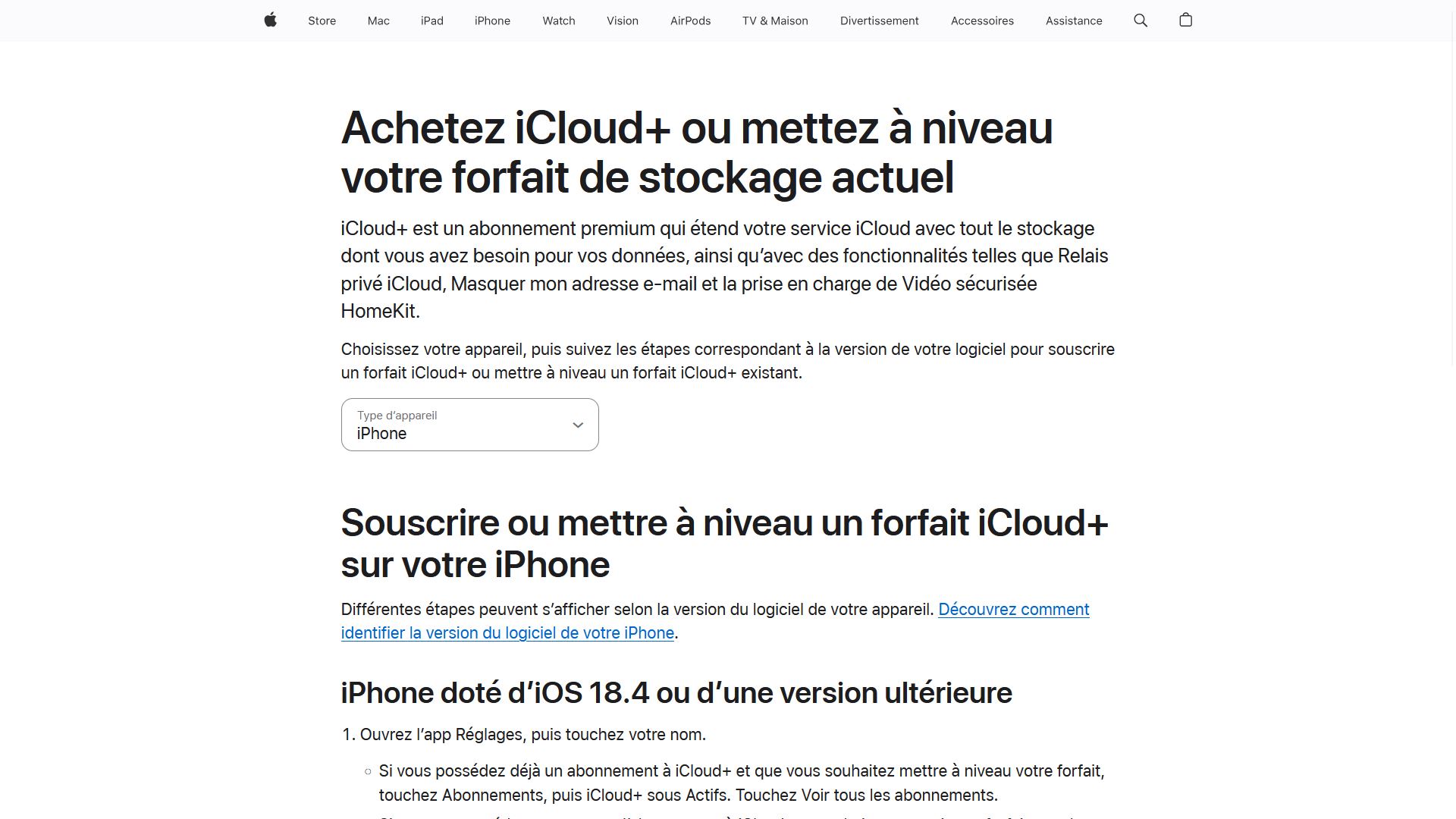 Page Apple pour souscrire ou mettre à niveau un forfait iCloud+ sur iPhone