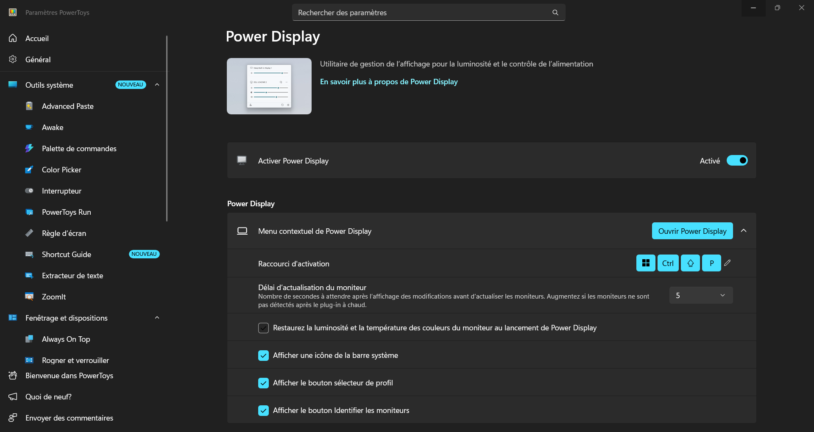 Power Display de PowerToys pour régler la luminosité d'un écran externe
