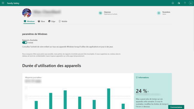 Profil d'un enfant configuré dans l'application Microsoft Family Safety avec ses règles de contrôle parental