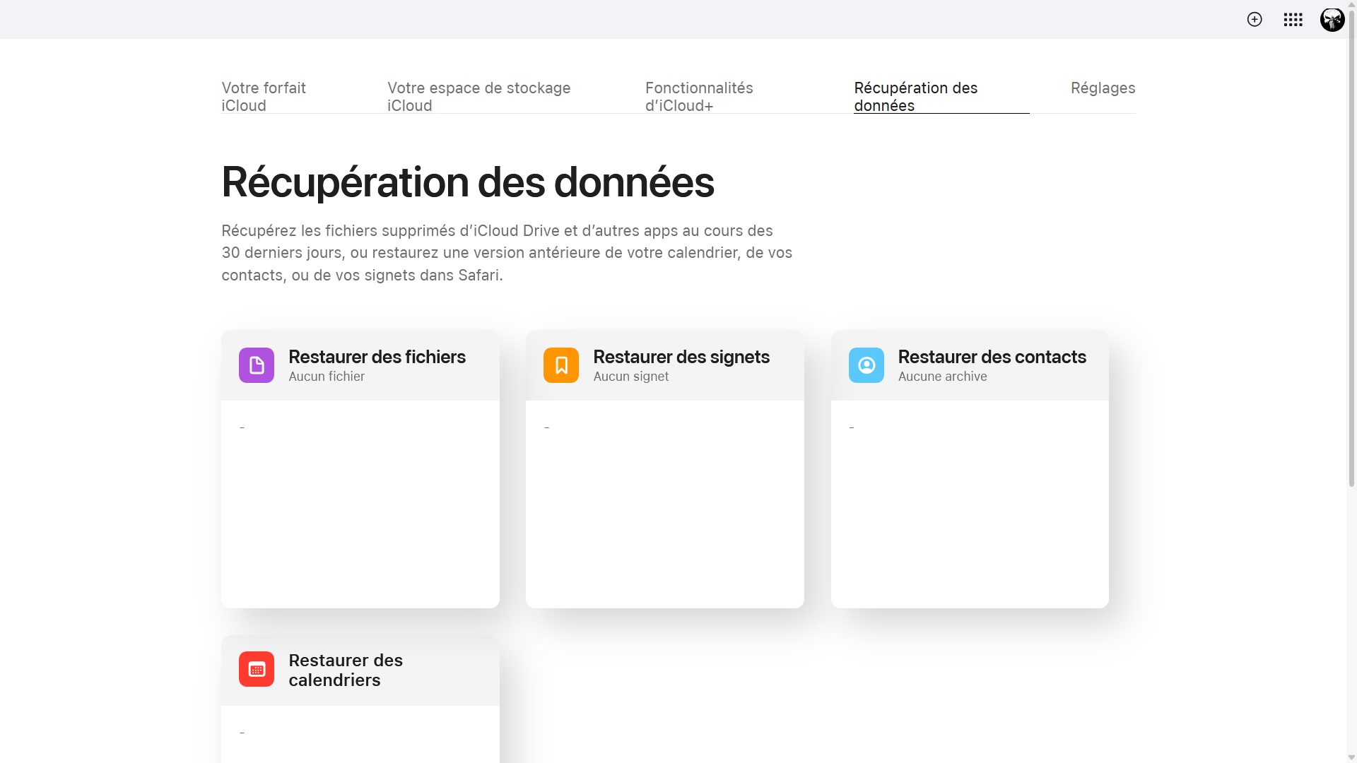Onglet Récupération des données iCloud pour restaurer fichiers, signets, contacts et calendriers supprimés