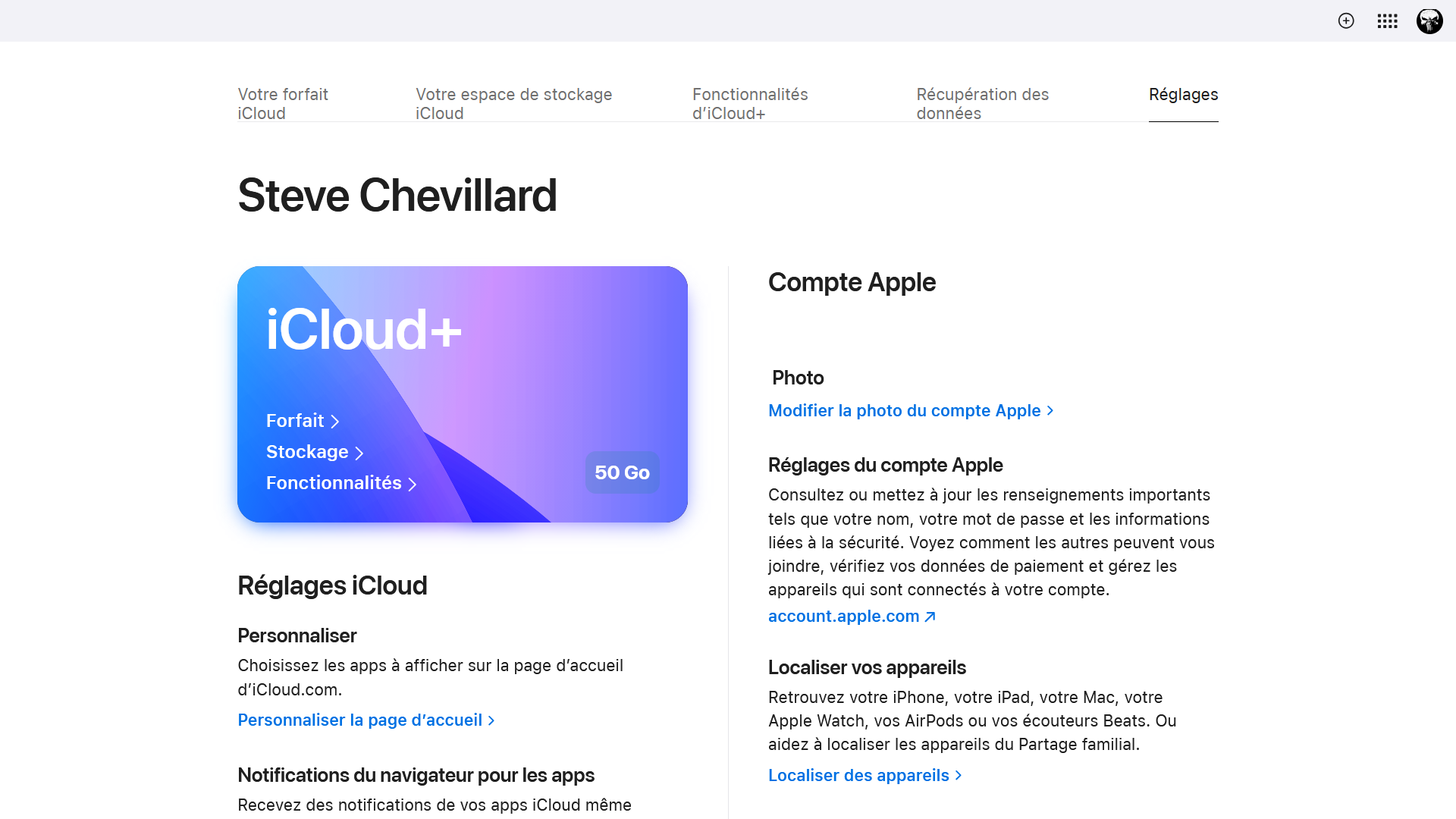 Onglet Réglages iCloud avec la carte iCloud+ et l accès au compte Apple via account.apple.com