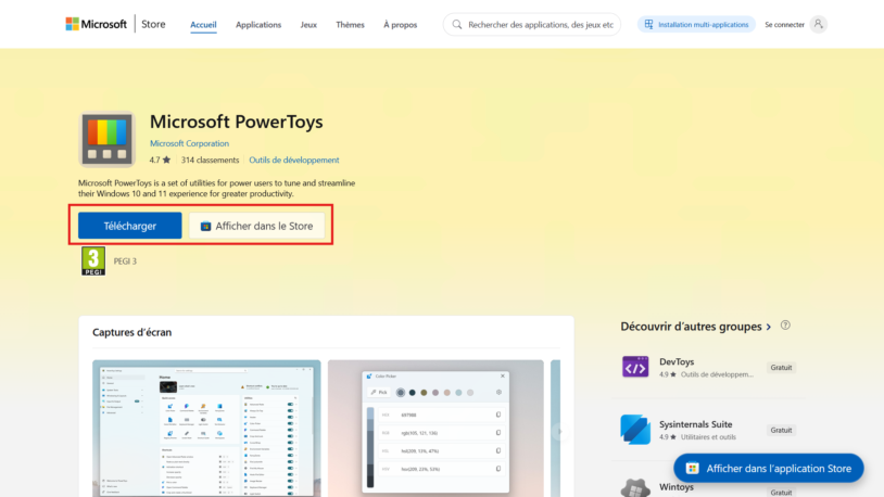 Page de téléchargement de Microsoft PowerToys pour Windows 11