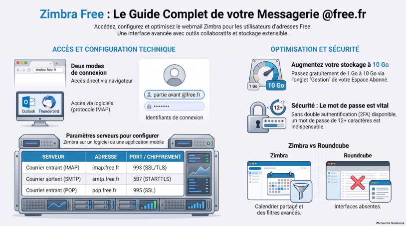 Infographie de connexion et de configuration du webmail Zimbra Free