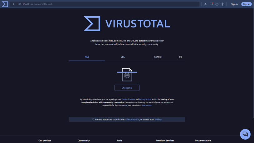 Page d'accueil de VirusTotal pour analyser un fichier de pilote avant de l'installer