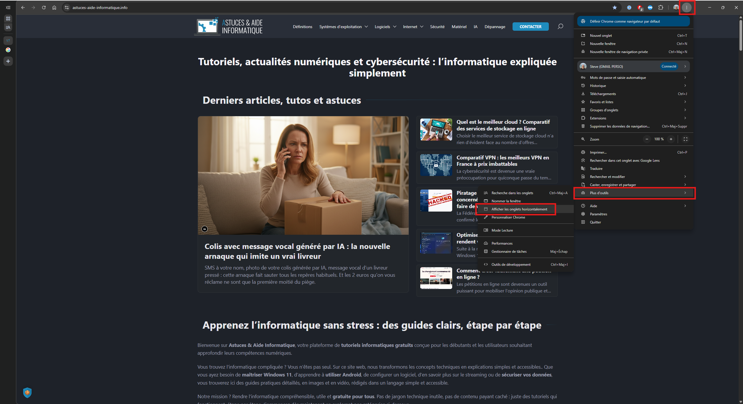 Menu de Google Chrome ouvert sur Plus d'outils et l'option Afficher les onglets horizontalement