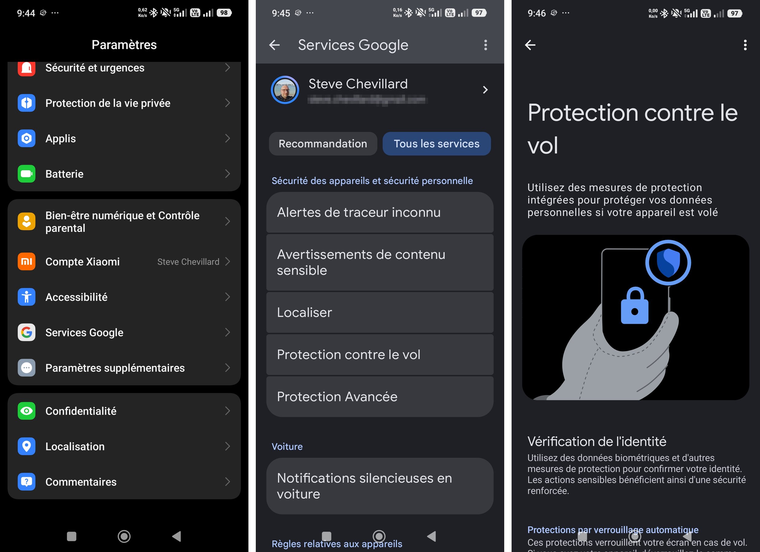 Accès au menu Protection contre le vol d'Android via Paramètres, Services Google puis Tous les services