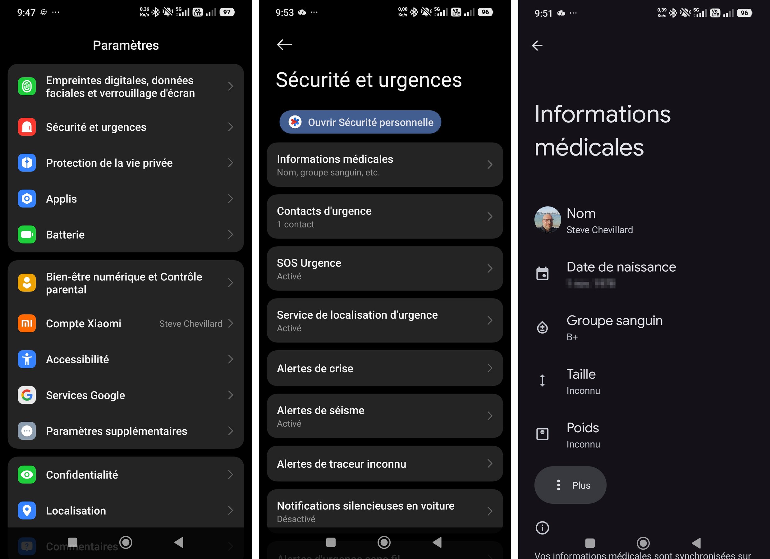 Menu Sécurité et urgences d'Android avec les informations médicales et les contacts d'urgence remplis