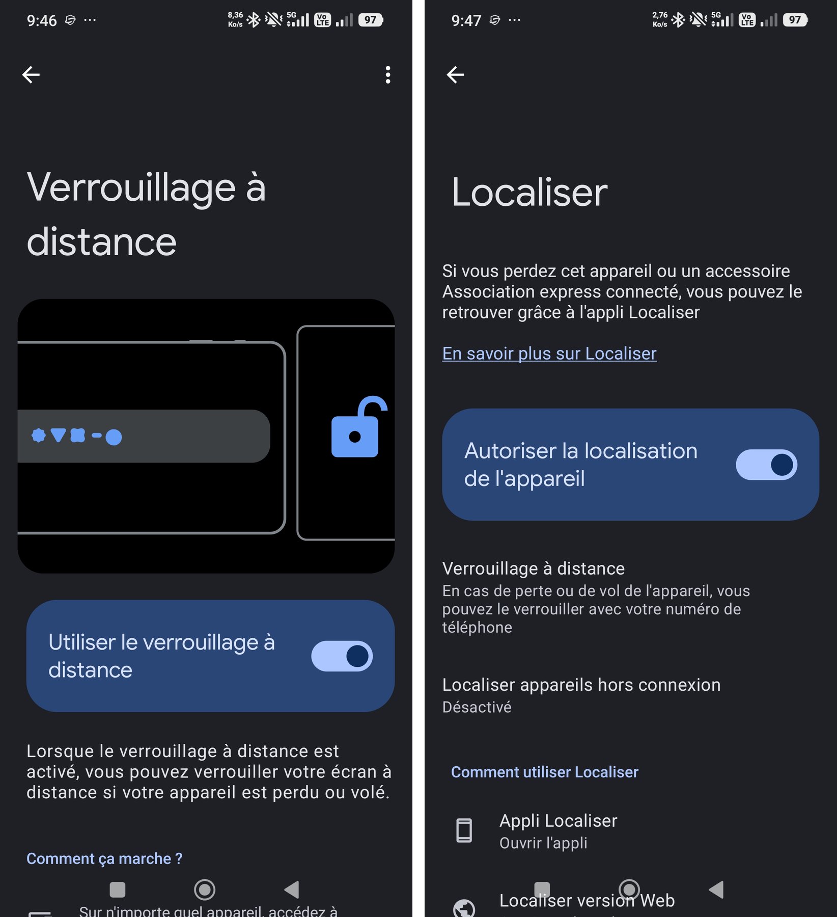 Activation du verrouillage à distance Android et service Localiser pour retrouver un téléphone volé