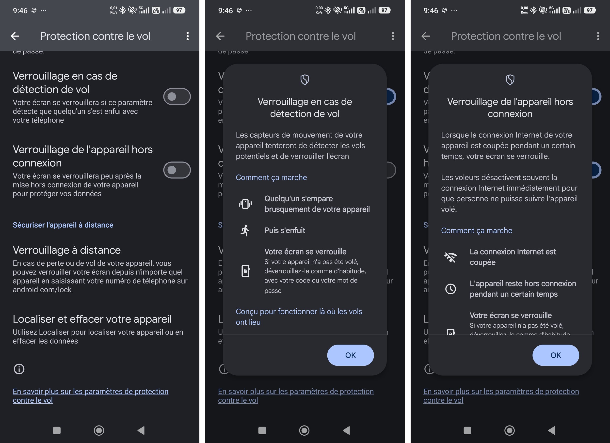 Options Android de verrouillage en cas de détection de vol et de verrouillage de l'appareil hors connexion
