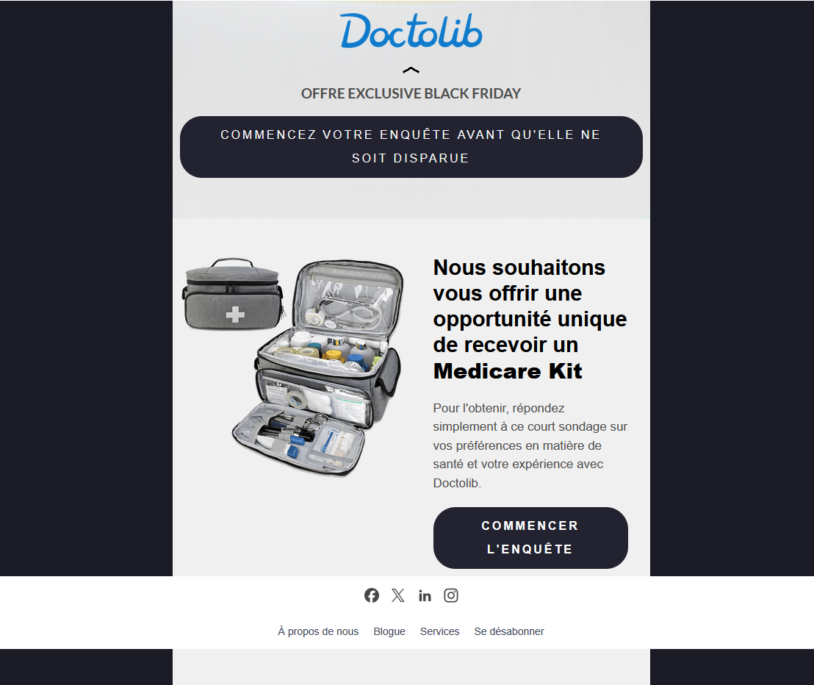 Un exemple d'email frauduleux de phishing concernant Doctolib avec la fausse promesse de recevoir un kit médical