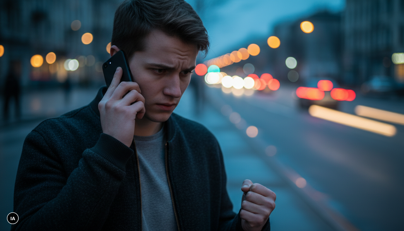 Personne inquiète dans une rue à la tombée de la nuit, un smartphone serré contre l'oreille