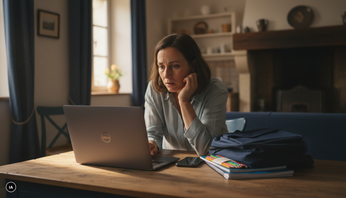Une mère inquiète devant son ordinateur portable à la table de la cuisine, à côté d'un cartable et de fournitures scolaires neuves, hésitant à remplir un formulaire en ligne.