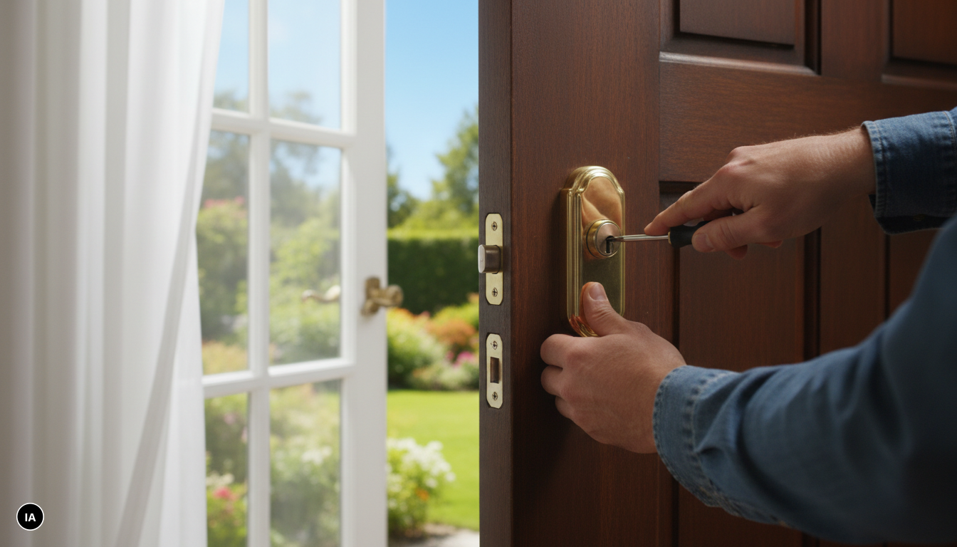 Mains vissant une serrure neuve sur une porte d'entrée alors que la fenêtre juste à côté est restée grande ouverte