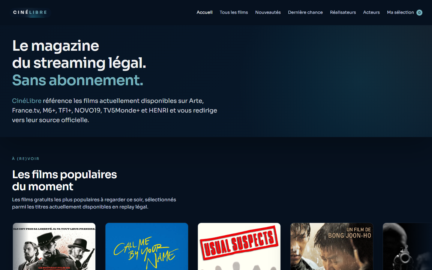 Page d'accueil de CinéLibre, annuaire des films en streaming gratuit et légal en France