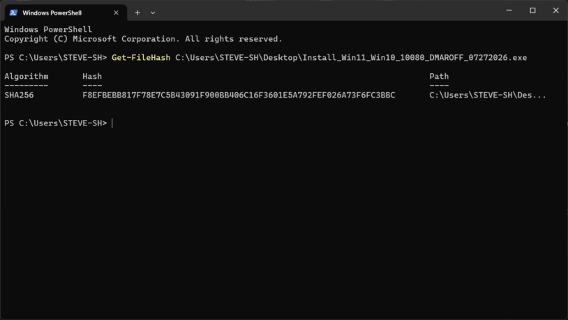 Commande Get-FileHash dans PowerShell affichant l'empreinte SHA256 d'un installeur de pilote