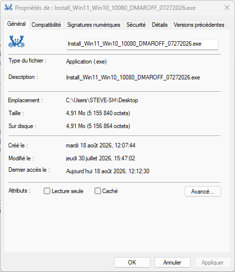 Fenêtre Propriétés de Windows avec l'onglet Signatures numériques d'un installeur de pilote
