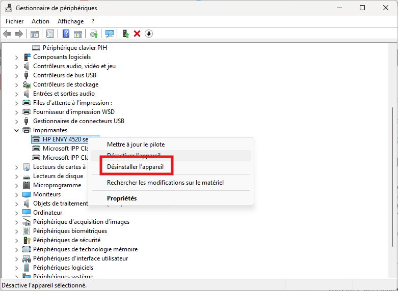 Menu Désinstaller l'appareil sur une imprimante HP dans le gestionnaire de périphériques Windows 11