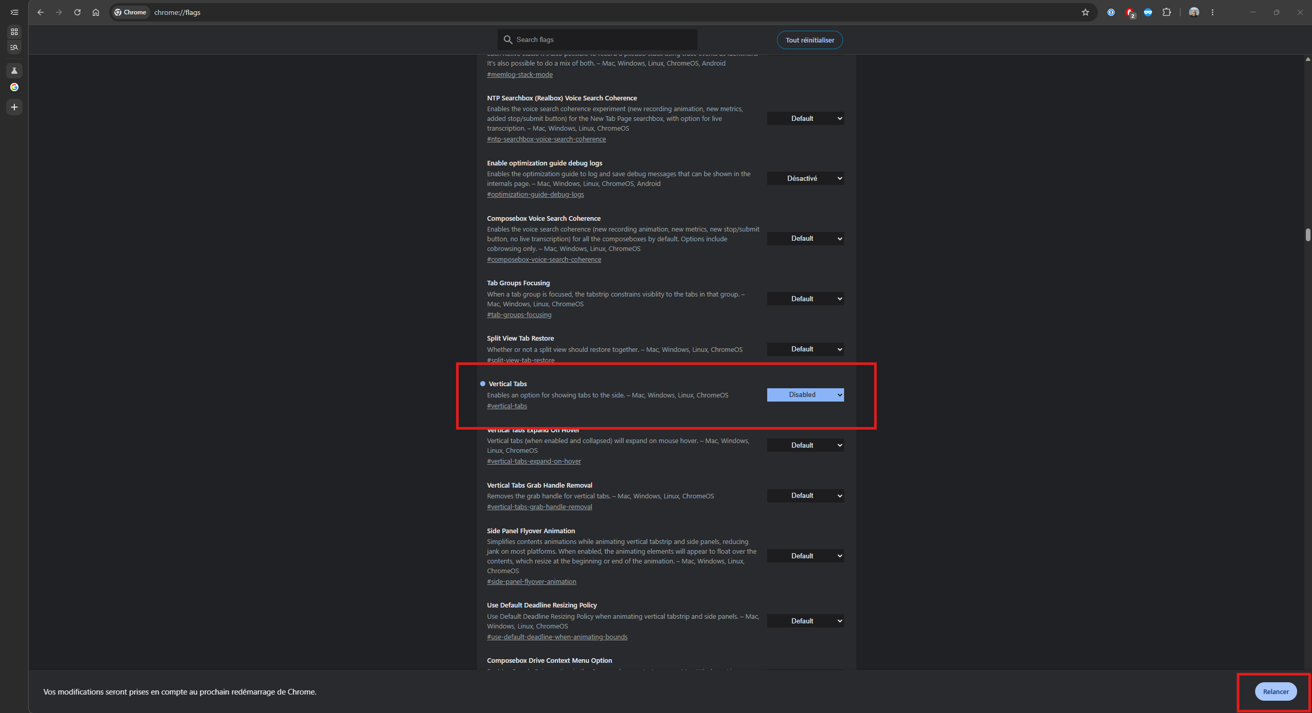Flag Vertical Tabs de Chrome réglé sur Disabled avec le bouton Relancer en bas de la page